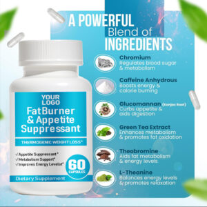 fat burner appetite suppressant capsules with chromium caffeine anhydrous glucomannan konjac root green tea extract theobromine l-theanine supports metabolism energy and cravings control