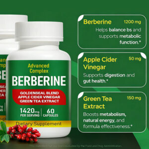 Berberine Capsules with Goldenseal Blend, Apple Cider Vinegar and Green Tea Extract provide comprehensive metabolic wellness, digestive support, antioxidant protection and daily vitality support in one advanced formula.
