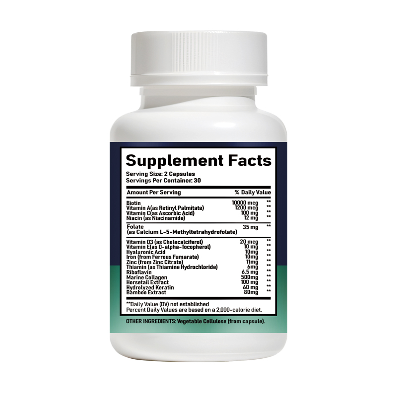 Biotin Capsules with Marine Collagen, Keratin and Hyaluronic Acid provide complete beauty support by helping maintain healthy hair, hydrated skin, strong nails and daily beauty wellness from within.