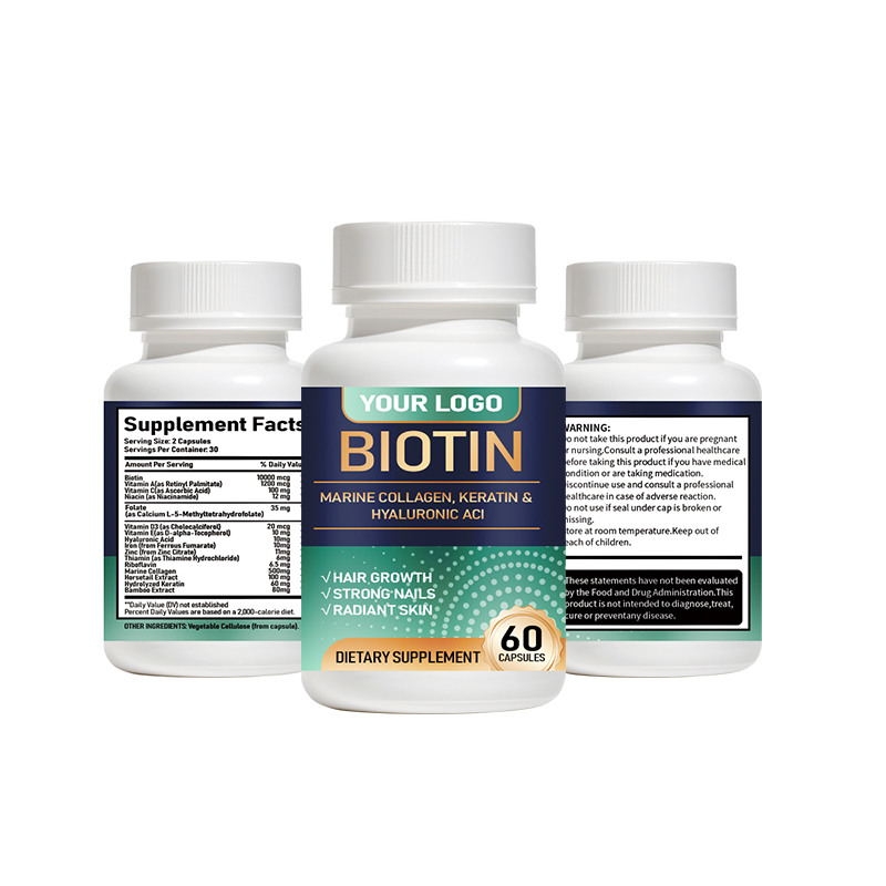 Biotin Capsules with Marine Collagen, Keratin and Hyaluronic Acid provide complete beauty support by helping maintain healthy hair, hydrated skin, strong nails and daily beauty wellness from within.
