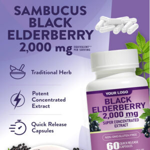 Black Elderberry 2000mg Capsules deliver a super concentrated extract to support immune wellness, antioxidant protection, cellular health and everyday vitality.