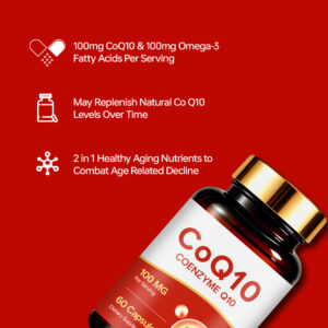 CoQ10 100mg Capsules with Omega 3 provide comprehensive support for heart health, cellular energy production, brain wellness and healthy aging in one convenient daily formula.