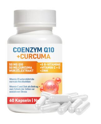 Coenzyme Q10 and Curcuma Capsules with B Vitamins, Vitamin C, Vitamin E and Zinc support cellular energy production, antioxidant protection, immune wellness and daily vitality.