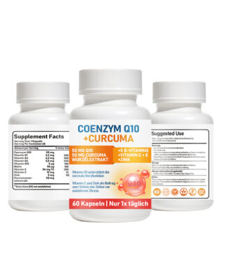 Coenzyme Q10 and Curcuma Capsules with B Vitamins, Vitamin C, Vitamin E and Zinc support cellular energy production, antioxidant protection, immune wellness and daily vitality.
