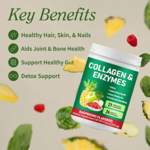 Collagen & Enzymes Powder with Amino Acids, Probiotics and Fruits & Vegetables supports digestive wellness, gut microbiome balance, joint wellness, healthy skin, hair and nails in one comprehensive daily formula.