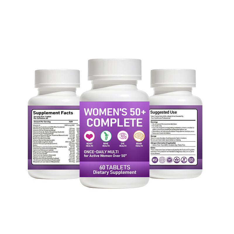 Women's 50+ Complete Multivitamin Tablets provide comprehensive daily nutrition to support heart health, bone strength, eye wellness, brain function and healthy aging.