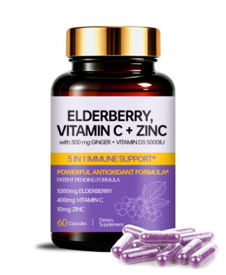 Elderberry 5 In 1 Immune Support Capsules with Vitamin C, Zinc, Ginger and Vitamin D3 help support immune health, seasonal wellness, antioxidant protection and everyday wellbeing.