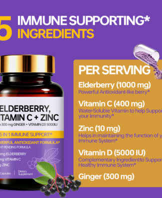 Elderberry 5 In 1 Immune Support Capsules with Vitamin C, Zinc, Ginger and Vitamin D3 help support immune health, seasonal wellness, antioxidant protection and everyday wellbeing.