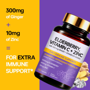 Elderberry 5 In 1 Immune Support Capsules with Vitamin C, Zinc, Ginger and Vitamin D3 help support immune health, seasonal wellness, antioxidant protection and everyday wellbeing.