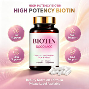 Biotin 10000 MCG Capsules provide high-potency Vitamin B7 to support healthy hair, radiant skin, strong nails and everyday beauty from within.