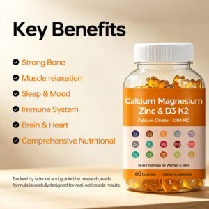 Calcium Magnesium Zinc Vitamin D3 K2 Gummies provide comprehensive nutritional support for bone health, calcium absorption, immune function, muscle performance and everyday wellness.