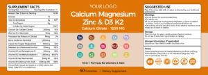 Calcium Magnesium Zinc Vitamin D3 K2 Gummies provide comprehensive nutritional support for bone health, calcium absorption, immune function, muscle performance and everyday wellness.