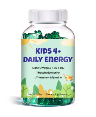 Kids Daily Energy Gummies with Algae Omega 3, B Vitamins, Phosphatidylserine, L-Theanine and L-Tyrosine help support brain health, focus, learning ability and everyday nutritional wellness.