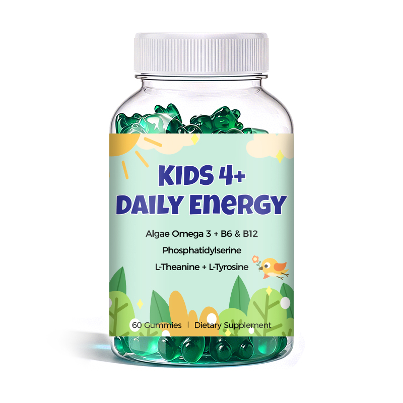 Kids Daily Energy Gummies with Algae Omega 3, B Vitamins, Phosphatidylserine, L-Theanine and L-Tyrosine help support brain health, focus, learning ability and everyday nutritional wellness.