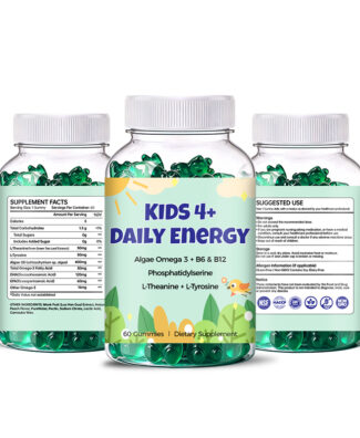 Kids Daily Energy Gummies with Algae Omega 3, B Vitamins, Phosphatidylserine, L-Theanine and L-Tyrosine help support brain health, focus, learning ability and everyday nutritional wellness.