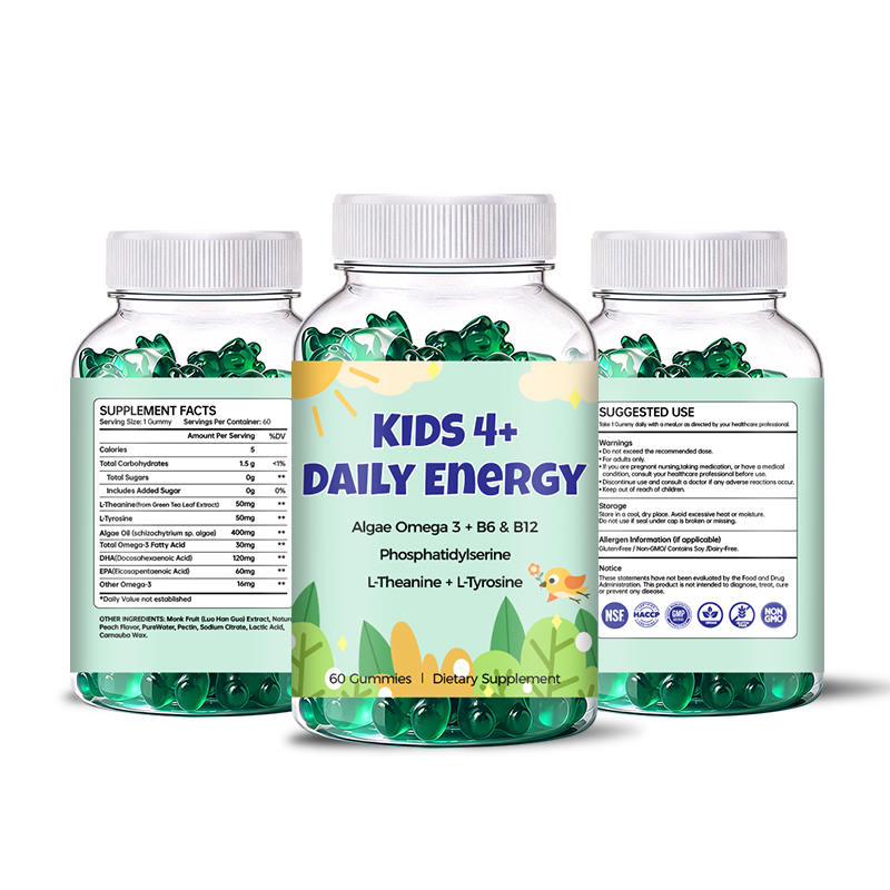 Kids Daily Energy Gummies with Algae Omega 3, B Vitamins, Phosphatidylserine, L-Theanine and L-Tyrosine help support brain health, focus, learning ability and everyday nutritional wellness.