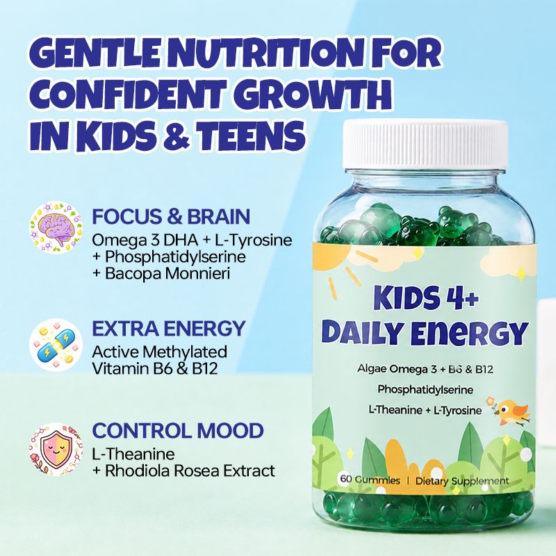 Kids Daily Energy Gummies with Algae Omega 3, B Vitamins, Phosphatidylserine, L-Theanine and L-Tyrosine help support brain health, focus, learning ability and everyday nutritional wellness.