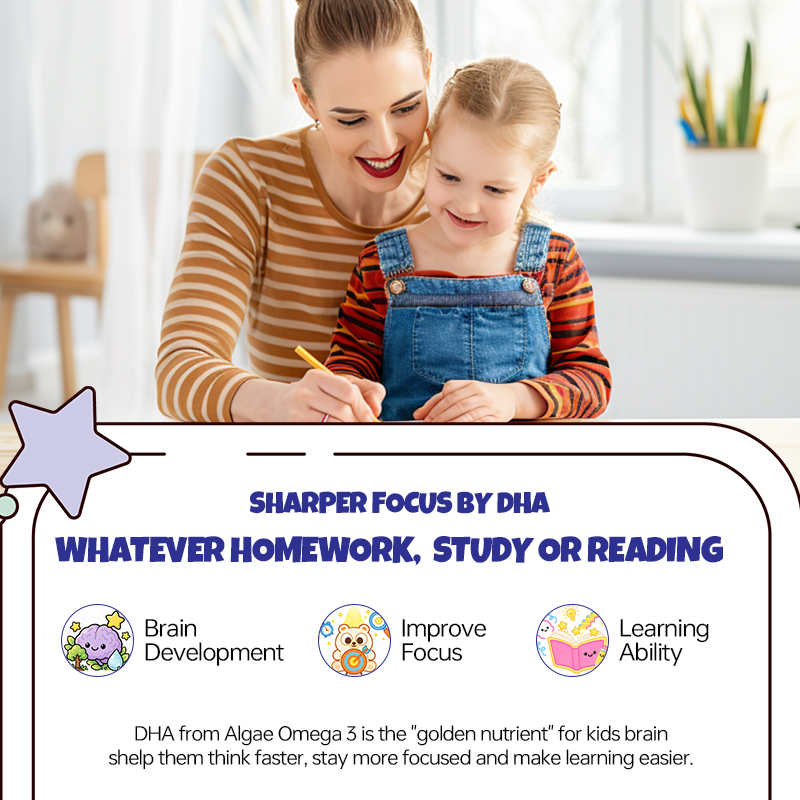 Kids Daily Energy Gummies with Algae Omega 3, B Vitamins, Phosphatidylserine, L-Theanine and L-Tyrosine help support brain health, focus, learning ability and everyday nutritional wellness.