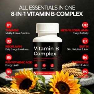 Vitamin B Complex Capsules with Vitamin C, Magnesium, Choline and Vitamin B12 help support energy metabolism, brain health, cognitive function and daily mood wellness.