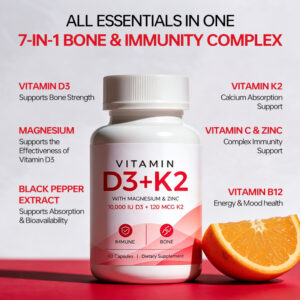 Vitamin D3 K2 Capsules with Magnesium and Zinc provide comprehensive nutritional support for bone health, immune function, calcium metabolism, muscle function and daily wellness.