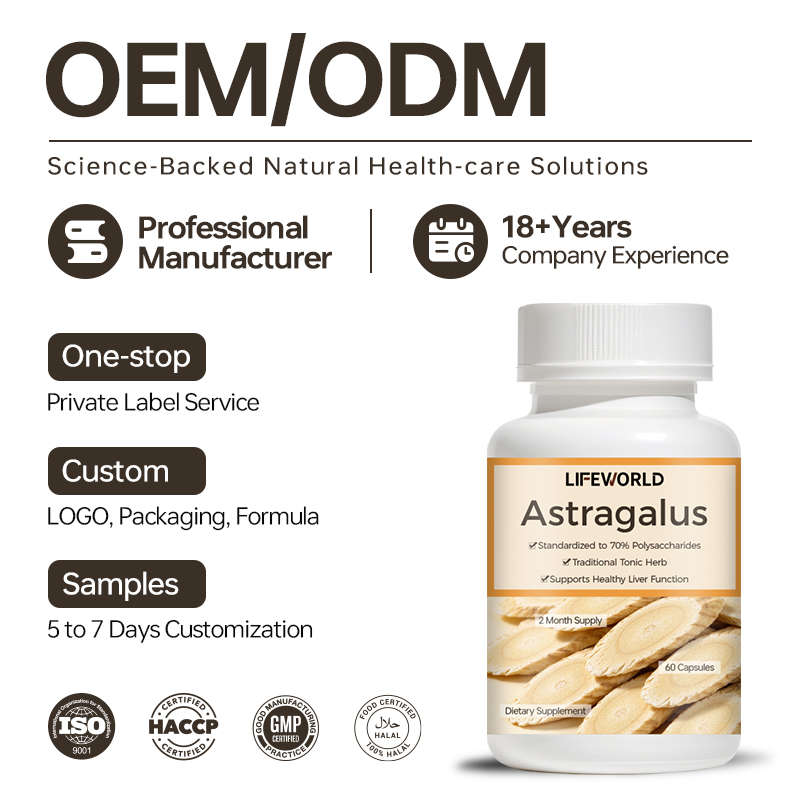 Astragalus Root Capsules are a botanical supplement featuring astragalus root in a convenient capsule format. Designed for supplement brands seeking plant-based ingredients for their product portfolios, this product offers a straightforward herbal supplement concept for daily wellness ranges. We support B2B buyers with private label and OEM/ODM project discussions, including product specification review, packaging customization, and label design support. Ingredient form, serving size, capsule count, and packaging options can be confirmed according to your project requirements. Contact our team to discuss your target market, preferred specifications, sample requirements, and private label options.