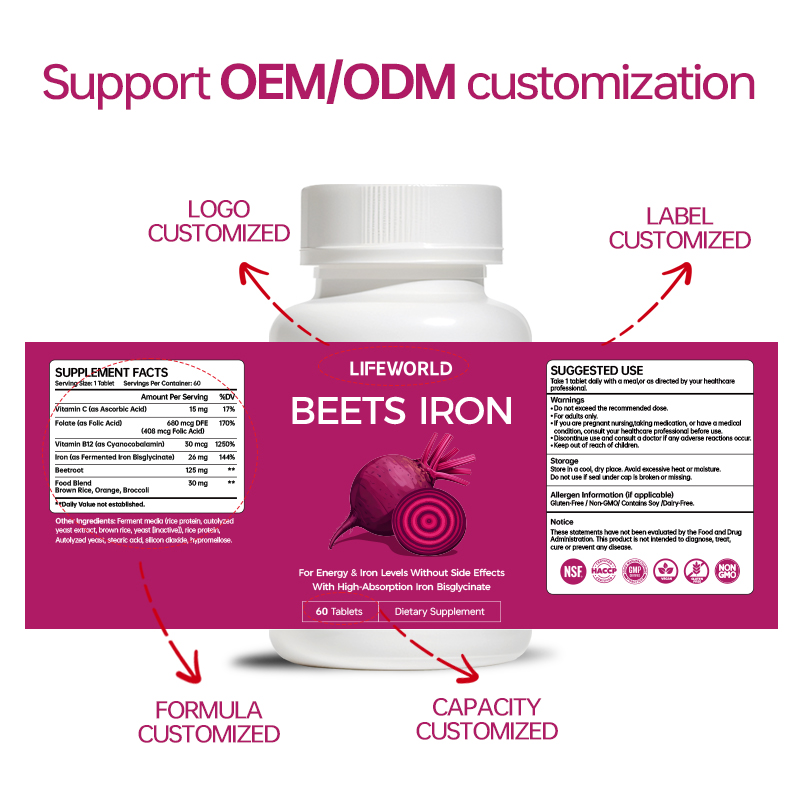 **Beetroot Iron Tablets with Iron Bisglycinate** A mineral supplement formulation featuring iron bisglycinate alongside beetroot as a complementary botanical ingredient. Iron contributes to normal energy-yielding metabolism, normal red blood cell formation, and normal oxygen transport in the body. Designed for supplement brands seeking a clearly specified iron supplement, this product can be evaluated for private label and OEM/ODM development. The elemental iron content, beetroot ingredient form, serving size, and recommended use should be confirmed against the final product specification. **Product Highlights** - Iron bisglycinate as the featured iron ingredient - Beetroot as a complementary botanical ingredient - Clearly defined elemental iron content and serving information - Custom packaging and private label options - OEM/ODM discussions subject to formula and market requirements Contact us to review ingredient specifications, product documentation, packaging options, and target-market requirements.