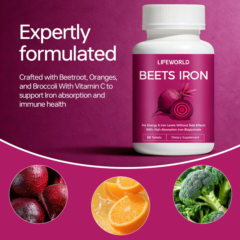 **Beetroot Iron Tablets with Iron Bisglycinate** A mineral supplement formulation featuring iron bisglycinate alongside beetroot as a complementary botanical ingredient. Iron contributes to normal energy-yielding metabolism, normal red blood cell formation, and normal oxygen transport in the body. Designed for supplement brands seeking a clearly specified iron supplement, this product can be evaluated for private label and OEM/ODM development. The elemental iron content, beetroot ingredient form, serving size, and recommended use should be confirmed against the final product specification. **Product Highlights** - Iron bisglycinate as the featured iron ingredient - Beetroot as a complementary botanical ingredient - Clearly defined elemental iron content and serving information - Custom packaging and private label options - OEM/ODM discussions subject to formula and market requirements Contact us to review ingredient specifications, product documentation, packaging options, and target-market requirements.