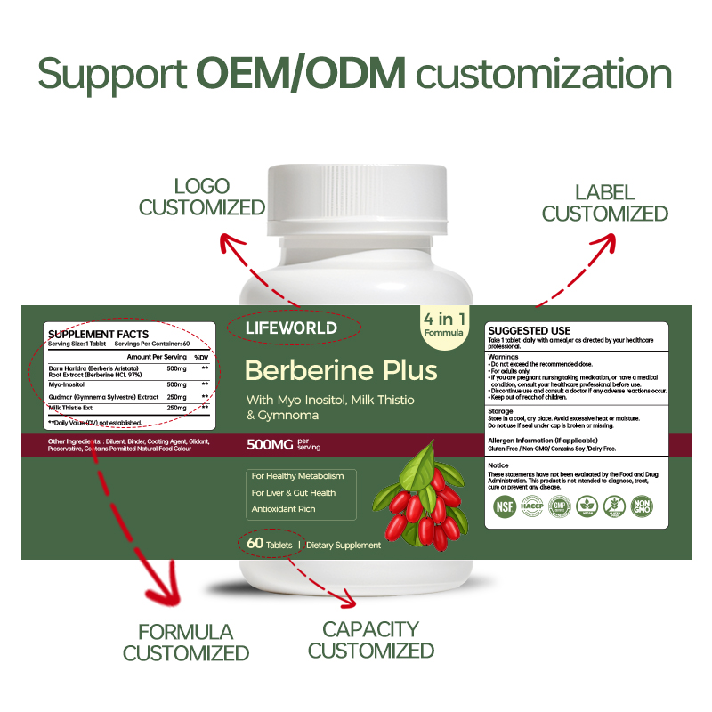 Berberine Plus Tablets are a multi-ingredient botanical supplement formulated with berberine, myo-inositol, milk thistle, and gymnema. Designed for supplement brands seeking differentiated ingredient combinations, this formula offers a convenient tablet format for daily wellness product lines. We support B2B buyers with private label and OEM/ODM options, including formula development, ingredient selection, packaging customization, and label design support. Specifications, serving size, ingredient amounts, and packaging formats can be reviewed according to your target market and project requirements. Contact our team to discuss your preferred formula, packaging, MOQ, and sample requirements.