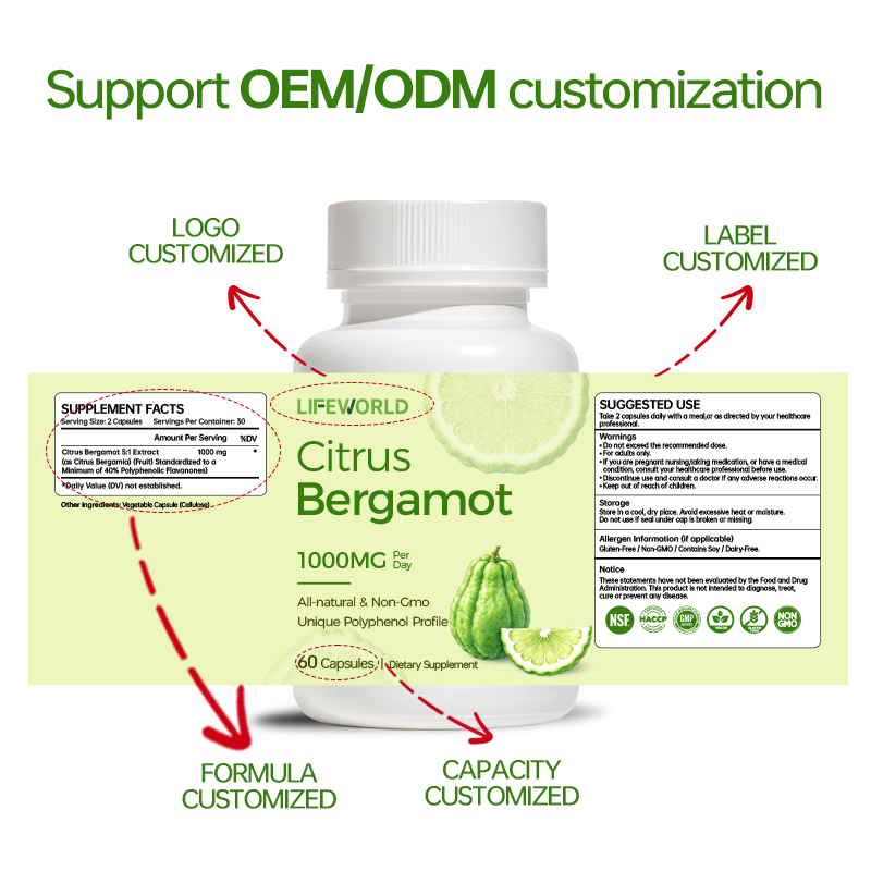 **Citrus Bergamot Extract Capsules 1200mg** Our Citrus Bergamot Extract Capsules are designed for supplement brands, distributors, wholesalers, and private label businesses seeking botanical-based nutritional products. This capsule formula features citrus bergamot extract in a convenient daily supplement format. We offer OEM and ODM services to support customized product development, including formula review, capsule specifications, bottle and label design, and packaging options. Quality documentation and available testing information can be discussed according to the product specification and target market requirements. **Product Highlights** - Citrus bergamot botanical extract formula - Convenient capsule dosage form - Custom branding and private label options - Flexible packaging and label customization - OEM and ODM support for B2B customers Contact our team to discuss ingredient specifications, serving size, packaging requirements, and a tailored quotation for your market.
