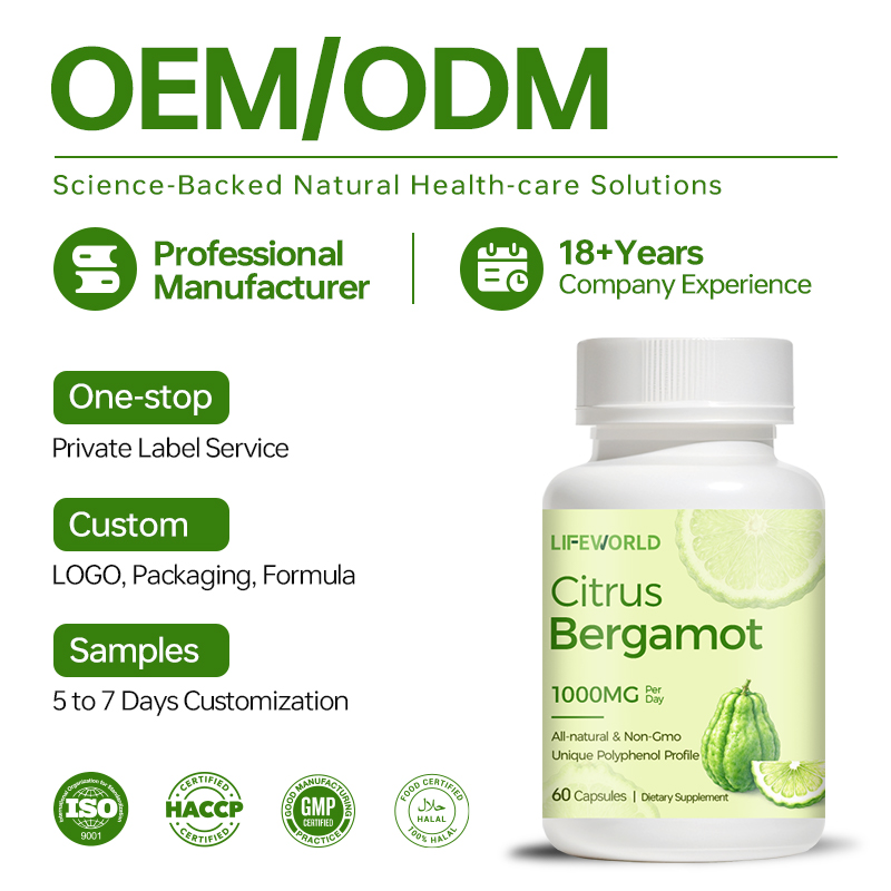 **Citrus Bergamot Extract Capsules 1200mg** Our Citrus Bergamot Extract Capsules are designed for supplement brands, distributors, wholesalers, and private label businesses seeking botanical-based nutritional products. This capsule formula features citrus bergamot extract in a convenient daily supplement format. We offer OEM and ODM services to support customized product development, including formula review, capsule specifications, bottle and label design, and packaging options. Quality documentation and available testing information can be discussed according to the product specification and target market requirements. **Product Highlights** - Citrus bergamot botanical extract formula - Convenient capsule dosage form - Custom branding and private label options - Flexible packaging and label customization - OEM and ODM support for B2B customers Contact our team to discuss ingredient specifications, serving size, packaging requirements, and a tailored quotation for your market.