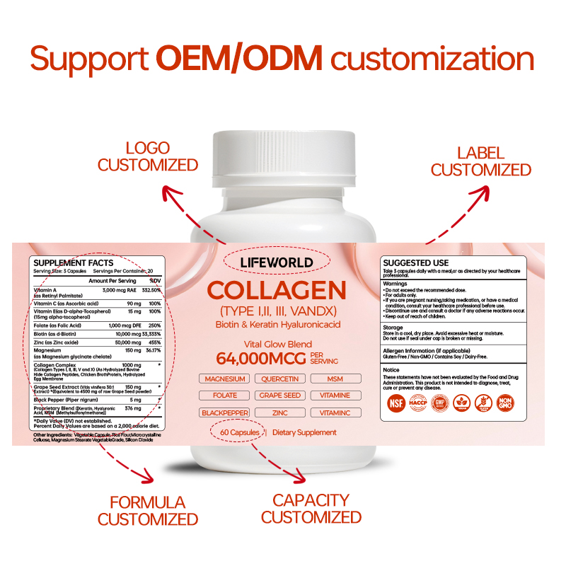 14 in 1 Marine Collagen Peptides Capsules With Biotin Keratin and Hyaluronic Acid Developed for beauty and wellness supplement brands, this 14-in-1 formula combines marine collagen peptides with biotin, keratin, hyaluronic acid, and other ingredients as specified in the final formulation. The convenient capsule format offers a practical option for brands expanding their beauty nutrition product portfolio. We support B2B customers with OEM and ODM services, including product specification review, private label development, customized label artwork, and packaging options. Ingredient quantities, serving size, allergen information, and available quality documentation can be confirmed before production. Key Product Features Marine collagen peptides-based beauty supplement Formulated with biotin, keratin, and hyaluronic acid 14-in-1 formula, subject to verified ingredient composition Convenient capsule dosage form Private label and custom packaging options OEM and ODM support for supplement brands and distributors Contact our team to discuss your target market, required specifications, packaging preferences, and order quantity.