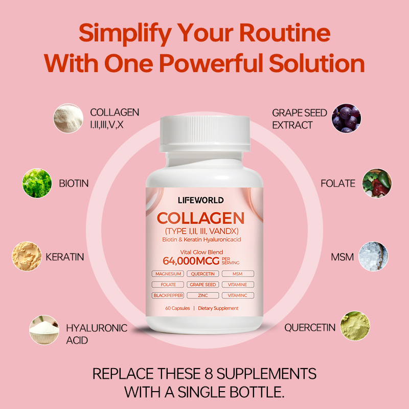 14 in 1 Marine Collagen Peptides Capsules With Biotin Keratin and Hyaluronic Acid Developed for beauty and wellness supplement brands, this 14-in-1 formula combines marine collagen peptides with biotin, keratin, hyaluronic acid, and other ingredients as specified in the final formulation. The convenient capsule format offers a practical option for brands expanding their beauty nutrition product portfolio. We support B2B customers with OEM and ODM services, including product specification review, private label development, customized label artwork, and packaging options. Ingredient quantities, serving size, allergen information, and available quality documentation can be confirmed before production. Key Product Features Marine collagen peptides-based beauty supplement Formulated with biotin, keratin, and hyaluronic acid 14-in-1 formula, subject to verified ingredient composition Convenient capsule dosage form Private label and custom packaging options OEM and ODM support for supplement brands and distributors Contact our team to discuss your target market, required specifications, packaging preferences, and order quantity.