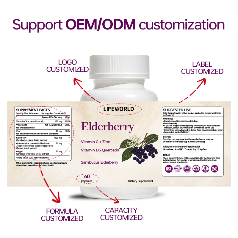 Elderberry Capsules With Vitamin C Zinc D3 and Quercetin Our Elderberry Capsules combine elderberry with vitamin C, zinc, vitamin D3, and quercetin in a convenient multi-ingredient supplement formula. Designed for supplement brands, importers, distributors, and wholesalers, this product offers a botanical and nutrient-based option for daily wellness product portfolios. The formula can be positioned around daily immune nutrition, subject to verified ingredient quantities and applicable market requirements. The final product specification should clearly identify the elderberry form, the amount of each active ingredient, and the serving size. We support B2B customers with OEM and ODM services, including product specification review, private label development, customized label artwork, and packaging options. Product Highlights Elderberry-based multi-ingredient formula With vitamin C, zinc, vitamin D3, and quercetin Convenient capsule dosage form Suitable for daily wellness supplement portfolios Private label and customized packaging options OEM and ODM support for B2B customers Contact our team to discuss ingredient specifications, serving size, packaging requirements, and a quotation tailored to your target market.