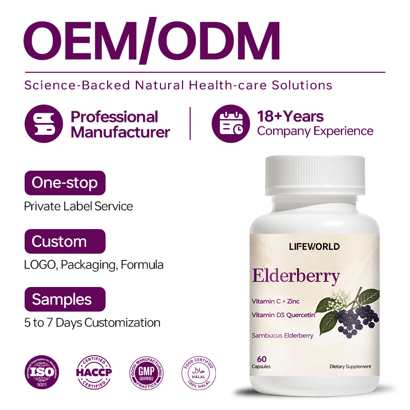 Elderberry Capsules With Vitamin C Zinc D3 and Quercetin Our Elderberry Capsules combine elderberry with vitamin C, zinc, vitamin D3, and quercetin in a convenient multi-ingredient supplement formula. Designed for supplement brands, importers, distributors, and wholesalers, this product offers a botanical and nutrient-based option for daily wellness product portfolios. The formula can be positioned around daily immune nutrition, subject to verified ingredient quantities and applicable market requirements. The final product specification should clearly identify the elderberry form, the amount of each active ingredient, and the serving size. We support B2B customers with OEM and ODM services, including product specification review, private label development, customized label artwork, and packaging options. Product Highlights Elderberry-based multi-ingredient formula With vitamin C, zinc, vitamin D3, and quercetin Convenient capsule dosage form Suitable for daily wellness supplement portfolios Private label and customized packaging options OEM and ODM support for B2B customers Contact our team to discuss ingredient specifications, serving size, packaging requirements, and a quotation tailored to your target market.