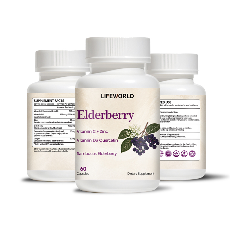 Elderberry Capsules With Vitamin C Zinc D3 and Quercetin Our Elderberry Capsules combine elderberry with vitamin C, zinc, vitamin D3, and quercetin in a convenient multi-ingredient supplement formula. Designed for supplement brands, importers, distributors, and wholesalers, this product offers a botanical and nutrient-based option for daily wellness product portfolios. The formula can be positioned around daily immune nutrition, subject to verified ingredient quantities and applicable market requirements. The final product specification should clearly identify the elderberry form, the amount of each active ingredient, and the serving size. We support B2B customers with OEM and ODM services, including product specification review, private label development, customized label artwork, and packaging options. Product Highlights Elderberry-based multi-ingredient formula With vitamin C, zinc, vitamin D3, and quercetin Convenient capsule dosage form Suitable for daily wellness supplement portfolios Private label and customized packaging options OEM and ODM support for B2B customers Contact our team to discuss ingredient specifications, serving size, packaging requirements, and a quotation tailored to your target market.