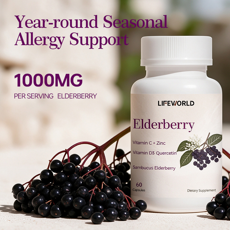 Elderberry Capsules With Vitamin C Zinc D3 and Quercetin Our Elderberry Capsules combine elderberry with vitamin C, zinc, vitamin D3, and quercetin in a convenient multi-ingredient supplement formula. Designed for supplement brands, importers, distributors, and wholesalers, this product offers a botanical and nutrient-based option for daily wellness product portfolios. The formula can be positioned around daily immune nutrition, subject to verified ingredient quantities and applicable market requirements. The final product specification should clearly identify the elderberry form, the amount of each active ingredient, and the serving size. We support B2B customers with OEM and ODM services, including product specification review, private label development, customized label artwork, and packaging options. Product Highlights Elderberry-based multi-ingredient formula With vitamin C, zinc, vitamin D3, and quercetin Convenient capsule dosage form Suitable for daily wellness supplement portfolios Private label and customized packaging options OEM and ODM support for B2B customers Contact our team to discuss ingredient specifications, serving size, packaging requirements, and a quotation tailored to your target market.