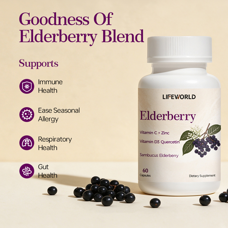 Elderberry Capsules With Vitamin C Zinc D3 and Quercetin Our Elderberry Capsules combine elderberry with vitamin C, zinc, vitamin D3, and quercetin in a convenient multi-ingredient supplement formula. Designed for supplement brands, importers, distributors, and wholesalers, this product offers a botanical and nutrient-based option for daily wellness product portfolios. The formula can be positioned around daily immune nutrition, subject to verified ingredient quantities and applicable market requirements. The final product specification should clearly identify the elderberry form, the amount of each active ingredient, and the serving size. We support B2B customers with OEM and ODM services, including product specification review, private label development, customized label artwork, and packaging options. Product Highlights Elderberry-based multi-ingredient formula With vitamin C, zinc, vitamin D3, and quercetin Convenient capsule dosage form Suitable for daily wellness supplement portfolios Private label and customized packaging options OEM and ODM support for B2B customers Contact our team to discuss ingredient specifications, serving size, packaging requirements, and a quotation tailored to your target market.