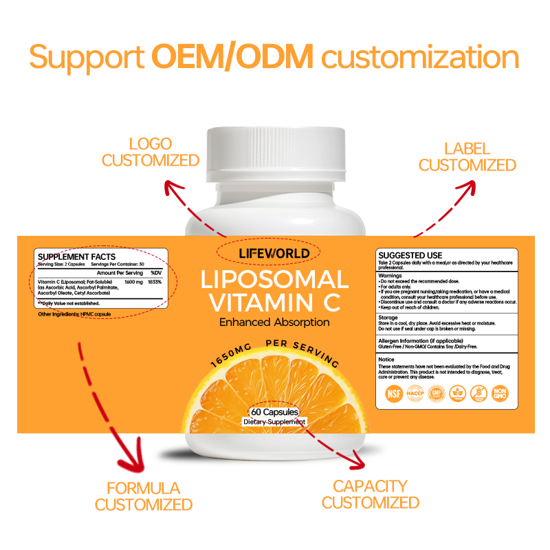 **Liposomal Vitamin C Capsules 1650mg Per Serving** Explore Liposomal Vitamin C Capsules developed for supplement brands seeking a differentiated vitamin C product. This formula concept combines vitamin C with a liposomal delivery approach and can be positioned for daily nutritional support, antioxidant support, and normal immune function support where permitted by applicable regulations. The stated 1650mg serving amount should be clearly defined as total formula weight or actual vitamin C content. OEM ODM and private label options may include packaging, label design, and formula customization based on manufacturing capabilities and destination market requirements.