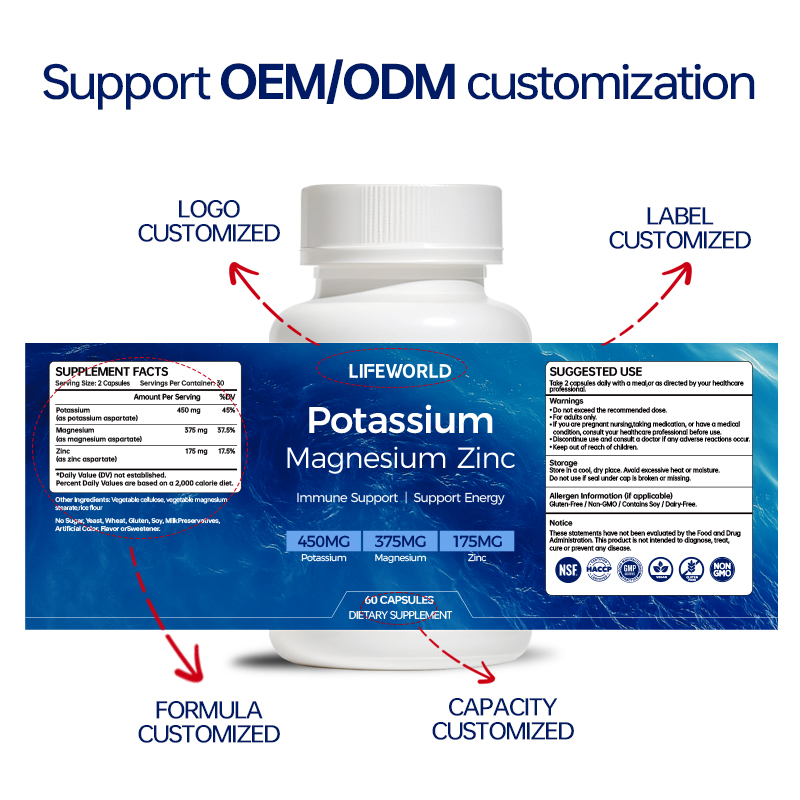 **Potassium Magnesium Zinc Complex Capsules** Our Potassium Magnesium Zinc Complex Capsules combine three essential minerals in a convenient capsule format for supplement brands, distributors, wholesalers, and private label businesses. Designed for daily mineral nutrition product lines, this formula brings together potassium, magnesium, and zinc. The specific mineral forms, elemental amounts, serving size, and recommended use should be confirmed against the approved product specification. We provide OEM and ODM support for B2B customers, with options to discuss product specifications, label artwork, bottle selection, and customized packaging according to order requirements. **Product Highlights** - Three-mineral formula featuring potassium, magnesium, and zinc - Convenient capsule dosage form - Suitable for mineral nutrition supplement portfolios - Private label and customized packaging options - OEM and ODM product development support - Product specifications and available quality documents upon request Contact our team to discuss your target market, mineral specifications, packaging requirements, and order quantity.