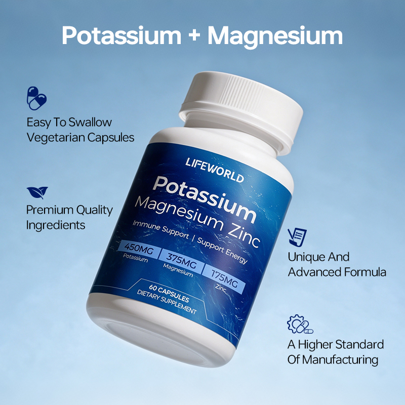 **Potassium Magnesium Zinc Complex Capsules** Our Potassium Magnesium Zinc Complex Capsules combine three essential minerals in a convenient capsule format for supplement brands, distributors, wholesalers, and private label businesses. Designed for daily mineral nutrition product lines, this formula brings together potassium, magnesium, and zinc. The specific mineral forms, elemental amounts, serving size, and recommended use should be confirmed against the approved product specification. We provide OEM and ODM support for B2B customers, with options to discuss product specifications, label artwork, bottle selection, and customized packaging according to order requirements. **Product Highlights** - Three-mineral formula featuring potassium, magnesium, and zinc - Convenient capsule dosage form - Suitable for mineral nutrition supplement portfolios - Private label and customized packaging options - OEM and ODM product development support - Product specifications and available quality documents upon request Contact our team to discuss your target market, mineral specifications, packaging requirements, and order quantity.