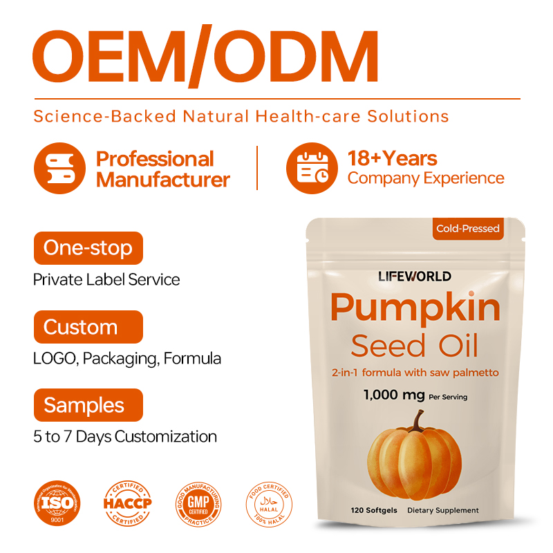 **Pumpkin Seed Oil with Saw Palmetto Softgels 1000mg Per Serving** Develop a differentiated botanical supplement with a combination of Pumpkin Seed Oil and Saw Palmetto in a convenient softgel format. This 2-in-1 formula is designed for supplement brands exploring men's wellness and botanical nutrition product categories. Our B2B project support can cover ingredient specification review, private label packaging, label artwork, and product presentation based on your requirements. **Available Project Options** - Private Label and OEM/ODM Support - Custom Packaging and Label Design - Ingredient Specification Review - Product Documentation, Where Available - Bulk Supply and Project-Based Quotations Please confirm the serving size, the amount of each ingredient, and the intended market before finalizing the product label. Contact our team to discuss your target market, packaging preferences, and order quantity.
