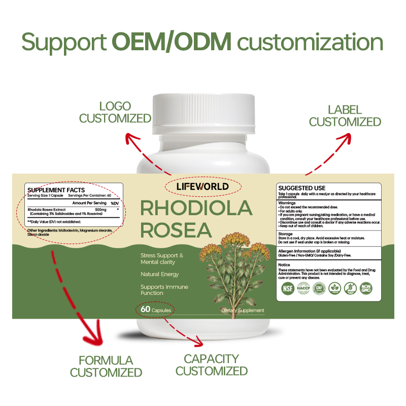 Rhodiola Rosea Capsules for Daily Wellness Our Rhodiola Rosea Capsules feature a botanical ingredient commonly used in herbal supplement formulations. Designed for supplement brands, importers, distributors, and wholesalers, this product offers a convenient capsule format for daily wellness product portfolios. Depending on the verified formulation and applicable market requirements, the product may be positioned around daily stress support, energy, and general wellness. The plant part, extract ratio, standardization, ingredient amount, and serving size should be confirmed against the approved product specification. We offer OEM and ODM support for B2B customers, including product specification review, private label development, customized label artwork, and packaging options. Product Highlights Rhodiola rosea botanical supplement Convenient capsule dosage form Suitable for herbal wellness product portfolios Private label and customized packaging options OEM and ODM product development support Product specifications and available quality documents upon request Contact our team to discuss ingredient specifications, target-market requirements, packaging preferences, and order quantity.