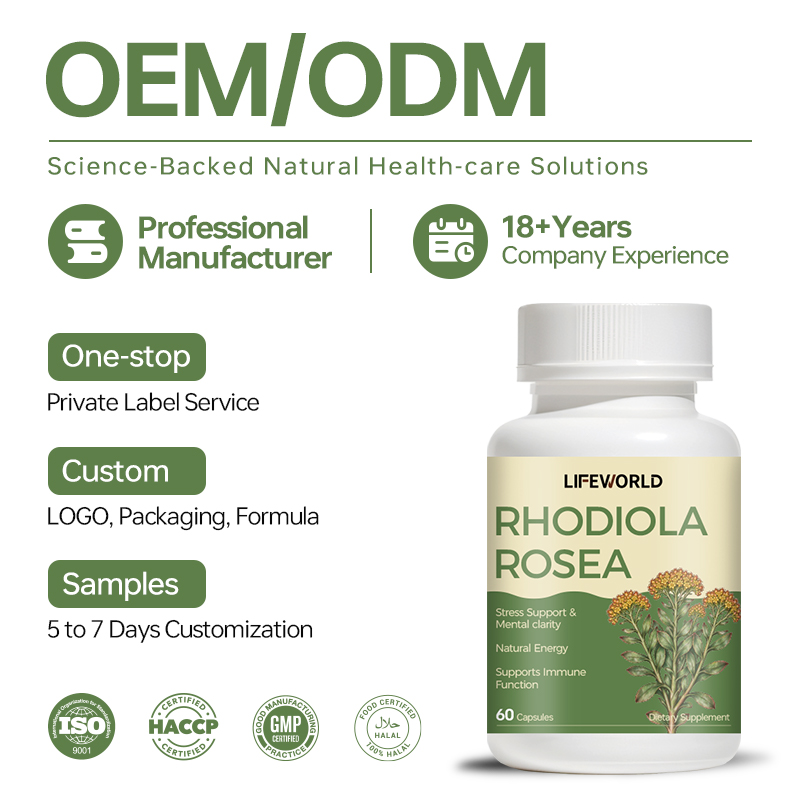 Rhodiola Rosea Capsules for Daily Wellness Our Rhodiola Rosea Capsules feature a botanical ingredient commonly used in herbal supplement formulations. Designed for supplement brands, importers, distributors, and wholesalers, this product offers a convenient capsule format for daily wellness product portfolios. Depending on the verified formulation and applicable market requirements, the product may be positioned around daily stress support, energy, and general wellness. The plant part, extract ratio, standardization, ingredient amount, and serving size should be confirmed against the approved product specification. We offer OEM and ODM support for B2B customers, including product specification review, private label development, customized label artwork, and packaging options. Product Highlights Rhodiola rosea botanical supplement Convenient capsule dosage form Suitable for herbal wellness product portfolios Private label and customized packaging options OEM and ODM product development support Product specifications and available quality documents upon request Contact our team to discuss ingredient specifications, target-market requirements, packaging preferences, and order quantity.