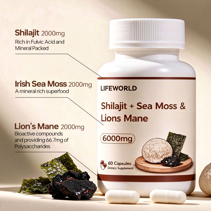 **3-in-1 Shilajit Sea Moss Lion’s Mane Supplement Capsules** Develop a distinctive supplement concept combining Shilajit, Sea Moss, and Lion’s Mane in a convenient capsule format. This three-ingredient formula is designed for brands exploring botanical, mushroom, and daily wellness supplement categories. We support B2B customers with private label and OEM/ODM project discussions, including ingredient specification review, packaging options, and label customization based on project requirements. **Available Project Options** - Private Label and OEM/ODM Support - Custom Packaging and Label Design - Ingredient Specification Review - Product Documentation, Where Available - Bulk Supply and Project-Based Quotations Before finalizing the product, confirm the amount and form of each ingredient, the Sea Moss iodine specification, and the Shilajit purification and contaminant-testing documentation. Contact our team to discuss your target market, formula requirements, packaging preferences, and order quantity.