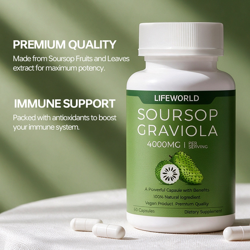 **Soursop Capsules With Graviola Extract** Explore a botanical supplement concept featuring Soursop, also known as Graviola or Annona muricata. Designed for supplement brands seeking a differentiated herbal capsule product, this formula can be evaluated for ingredient specifications, packaging requirements, and private label development. OEM and ODM project options may be discussed according to manufacturing capabilities and destination market requirements. Contact our team for product specifications, ingredient documentation, packaging options, and a project-specific quotation.