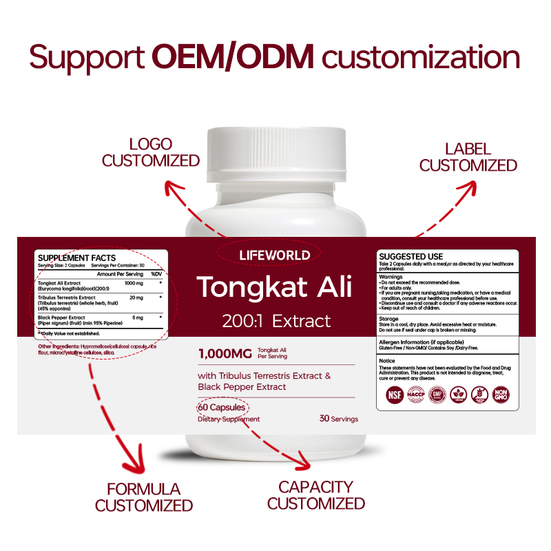 **Tongkat Ali 200:1 Extract Capsules with Tribulus Terrestris and Black Pepper** A multi-ingredient herbal supplement featuring Tongkat Ali extract, Tribulus Terrestris, and black pepper. Designed for supplement brands seeking a botanical formula with clearly defined ingredient specifications and flexible private label options. Available for OEM/ODM discussions, subject to formula review, ingredient documentation, and manufacturing requirements. **Key Product Features** - Tongkat Ali extract as the featured botanical ingredient - Tribulus Terrestris and black pepper in a multi-ingredient formula - Customizable capsule specifications and packaging options - Private label and OEM/ODM support for qualified B2B buyers