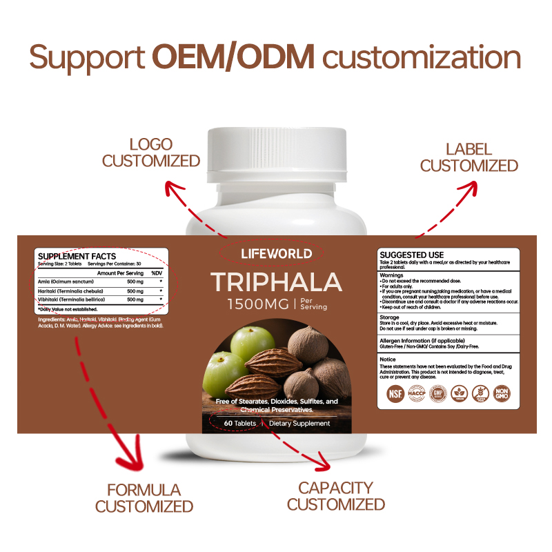 **Triphala Herbal Tablets 1500mg – Private Label Botanical Supplement** Triphala is a traditional botanical blend commonly associated with three fruits: Amla, Haritaki, and Bibhitaki. Our Triphala Herbal Tablets are designed for supplement brands seeking a botanical product for their daily wellness range. We support B2B customers with customizable supplement solutions, including private label development, packaging options, and product presentation tailored to different markets. Ingredient specifications, serving size, tablet format, and packaging can be reviewed according to your project requirements. **Available Services** - Private Label and OEM/ODM Solutions - Custom Packaging and Label Design - Ingredient and Formula Review - Bulk Supply for Qualified B2B Buyers Contact our team to discuss your target market, specifications, packaging preferences, and order quantity.