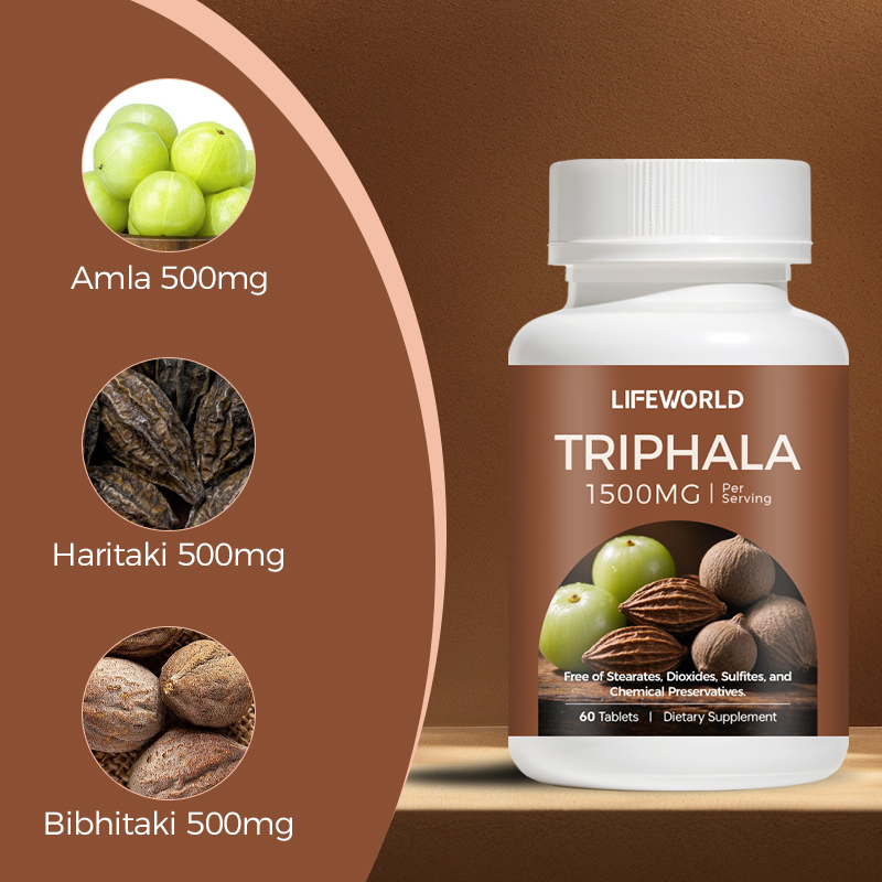 **Triphala Herbal Tablets 1500mg – Private Label Botanical Supplement** Triphala is a traditional botanical blend commonly associated with three fruits: Amla, Haritaki, and Bibhitaki. Our Triphala Herbal Tablets are designed for supplement brands seeking a botanical product for their daily wellness range. We support B2B customers with customizable supplement solutions, including private label development, packaging options, and product presentation tailored to different markets. Ingredient specifications, serving size, tablet format, and packaging can be reviewed according to your project requirements. **Available Services** - Private Label and OEM/ODM Solutions - Custom Packaging and Label Design - Ingredient and Formula Review - Bulk Supply for Qualified B2B Buyers Contact our team to discuss your target market, specifications, packaging preferences, and order quantity.